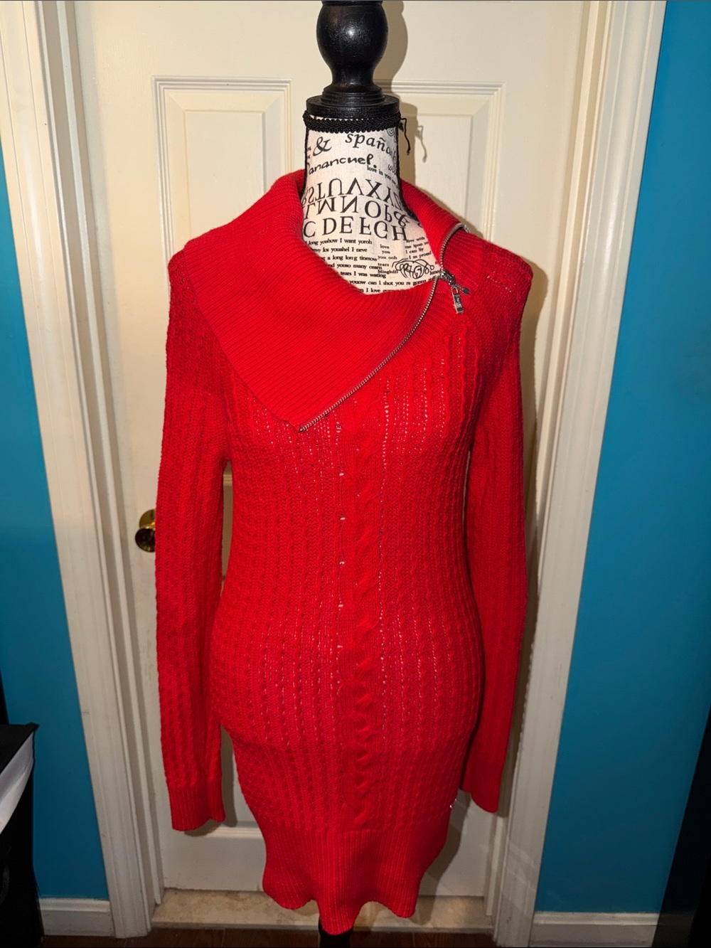 Guess Red Cable Knit Asymmetric Zip Turtleneck Sweater Dress